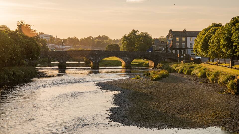 A stone bridge over a river with a grassy bank and buildings in the background.