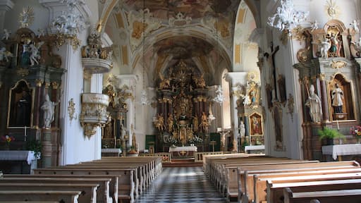 Italy, South Tyrol, Gossensaß. The church is dedicated to the Immaculate Conception and was built in 1750 on the same place of the old gothic church erected in 1471 and dedicated to Saint George of which remains the bell tower. The church was built on design of Franz de Paula Penz in baroque, it is possible a former project by Johann G. D. Grasmair. The church was consecrated on July 4 and 5, 1754 by bishop Leopold von Spaur. The front shows the portal of the old church and the three niches in which are placed the statues of the Immaculate Conception, Joachim and Saint Anne. The nave has a cross shape with two arms forming four lateral chapels. The high altar is rich in golden shades and at the centre of the throne is placed the statute of the Immaculate with the child. To the left side, between the two lateral chapels, is the baroque pulpit of 1777 positioned in a central site. To the right side between the two lateral chapels is a Crucifix by Bartlmä Kleinhans. The first right lateral altar is dedicated to Our Lady of Sorrows encircled by the statues of Mary Magdalene, Saint Elisabeth and Saint James works of 1750. The second right lateral altar is dedicated to Francis Xavier and two Bishops: Saint Ingenuinus and Saint Albuin coming from the old Saint George church. The first left lateral altar is the Flagellation of Christ at the column and the Saints Peter and John on each side. To the second left lateral altar is Saint Leonard, by side are the statues of Saint Sylvester, Saint Gregory and Saint Barbara coming from the old church. The eastern dome fresco was painted by Matthäus Günther and represents the Christ crowning Mary and Saint George throwing the pierced dragon downwards.