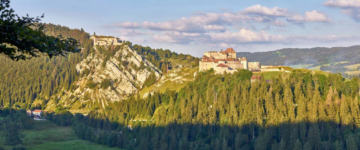 Panoramic View Of Chateau de Joux, Fort Mahler and The Surrounding Mountains Larmont And Doubs River at Sunset