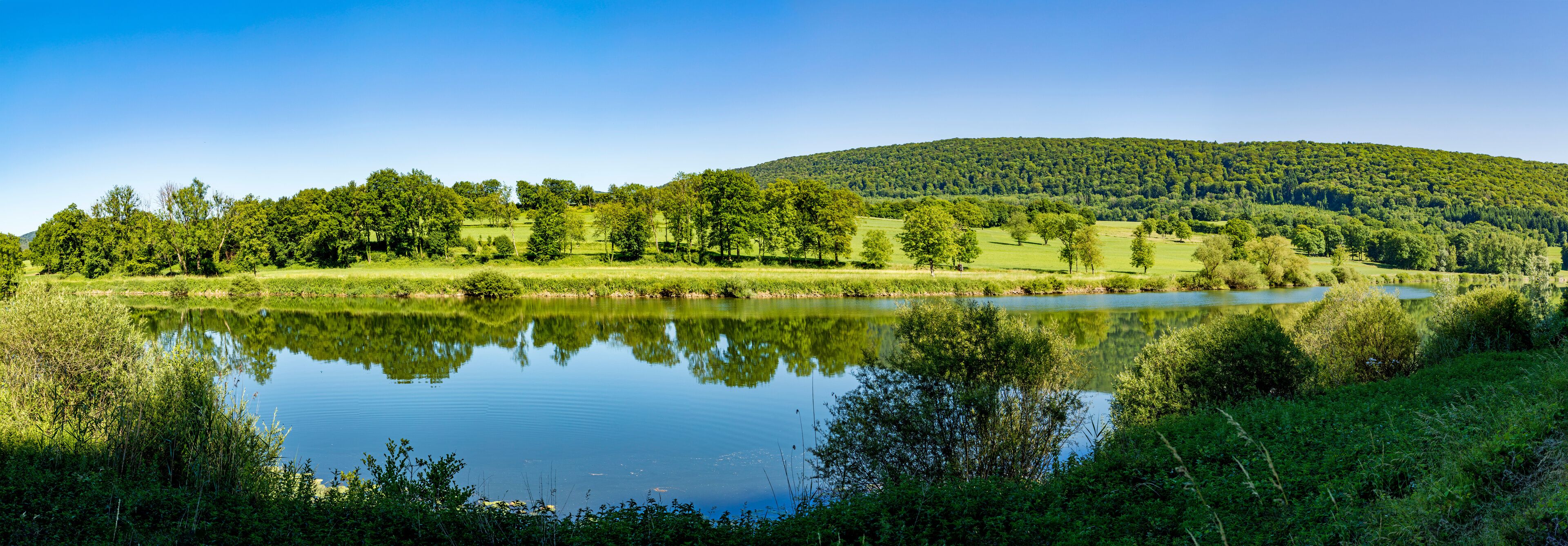 A calm lake surrounded by lush greenery and a forested hill.