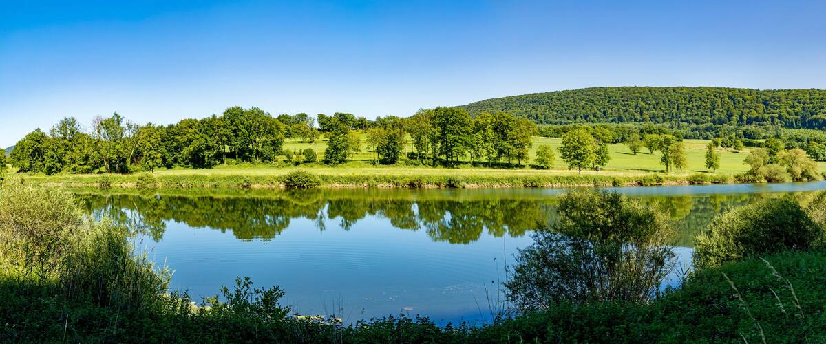 A calm lake surrounded by lush greenery and a forested hill.