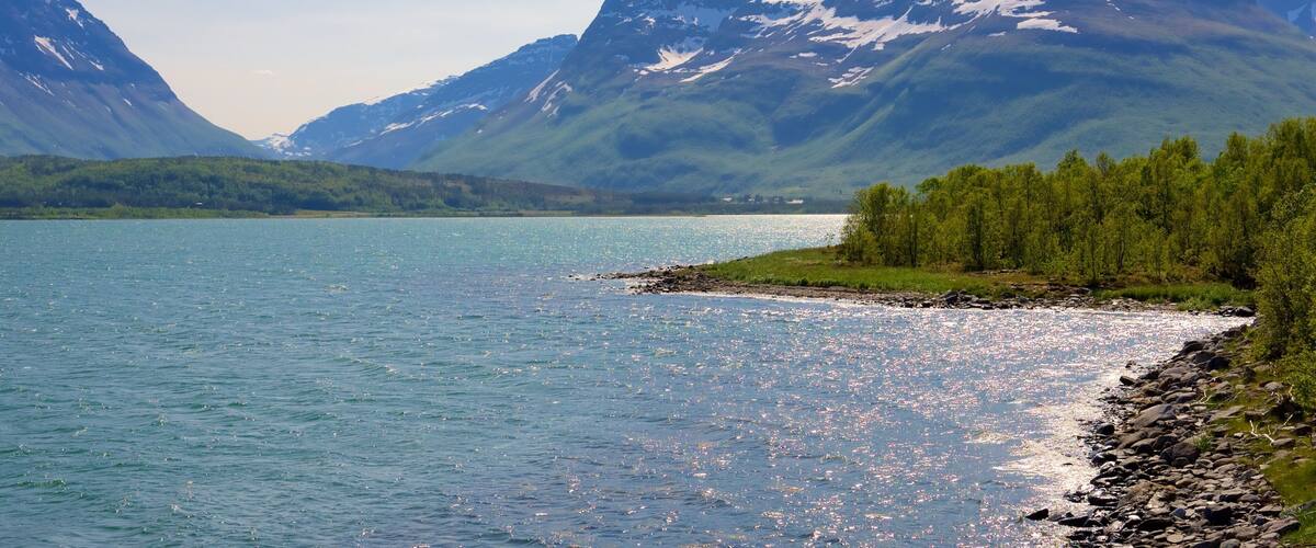 A lake with mountains in the background.