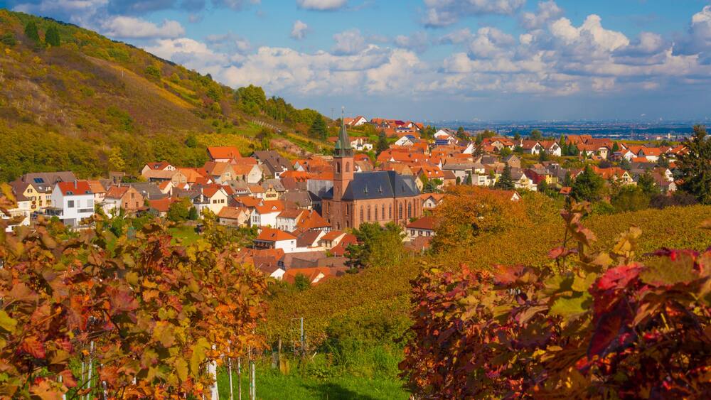 A town with red-roofed houses, a prominent church with a tall steeple, and a hillside in the background.