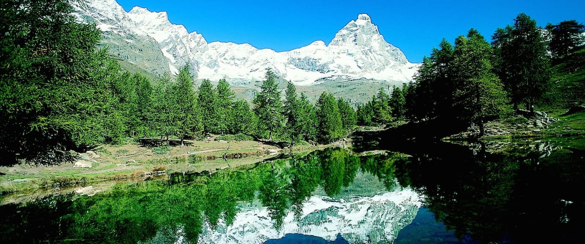 A mountain lake with reflections of the surrounding trees and snow-capped peaks.