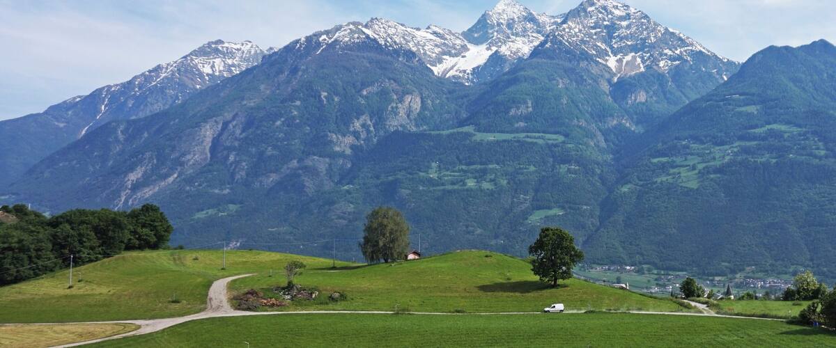 A green valley with a road, trees, and snow-capped mountains in the background.