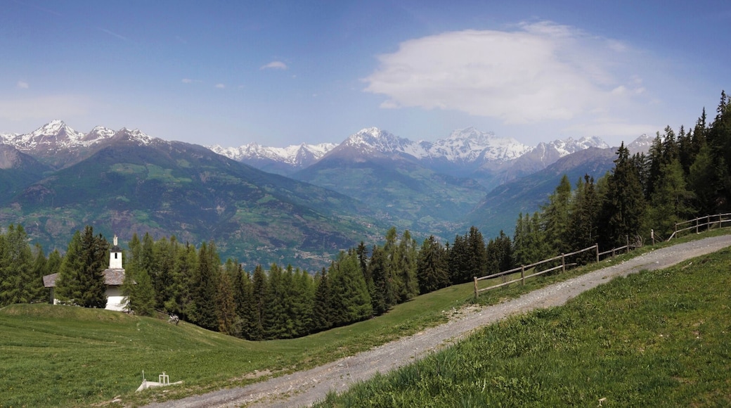 Meadow and church in Charvensod, Italy.