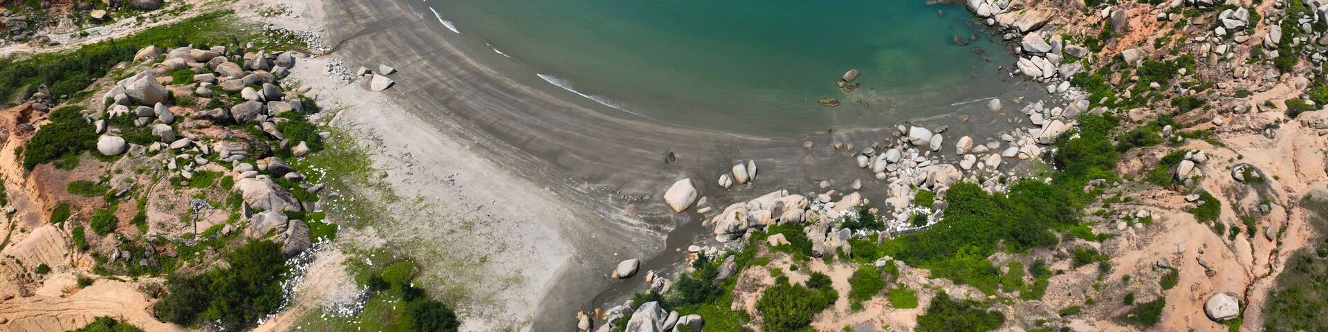 Aerial shot of the most beautiful beach on Fengche Island, Shigongliao, Honghai Bay, Shanwei City