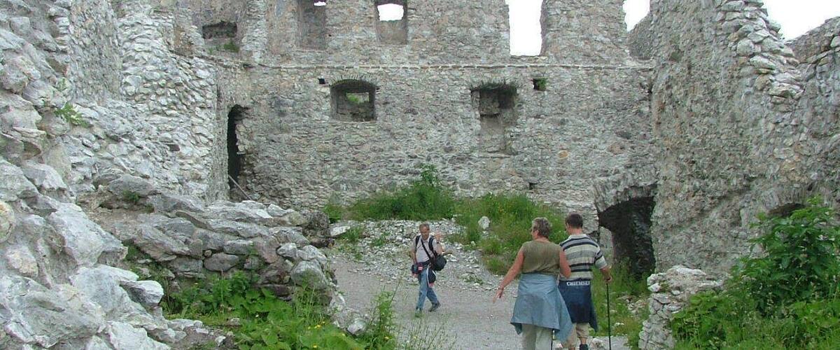 A historical stone castle ruins with a dirt path and greenery.