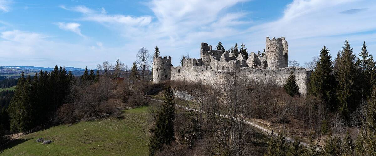 A historic stone castle surrounded by trees and a clear sky.