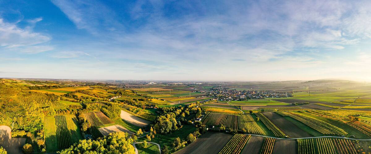 An aerial view of a rural landscape with fields, a small town, and rolling hills.