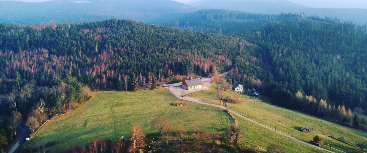 A rural landscape with a barn, a small house, and a forested hill.