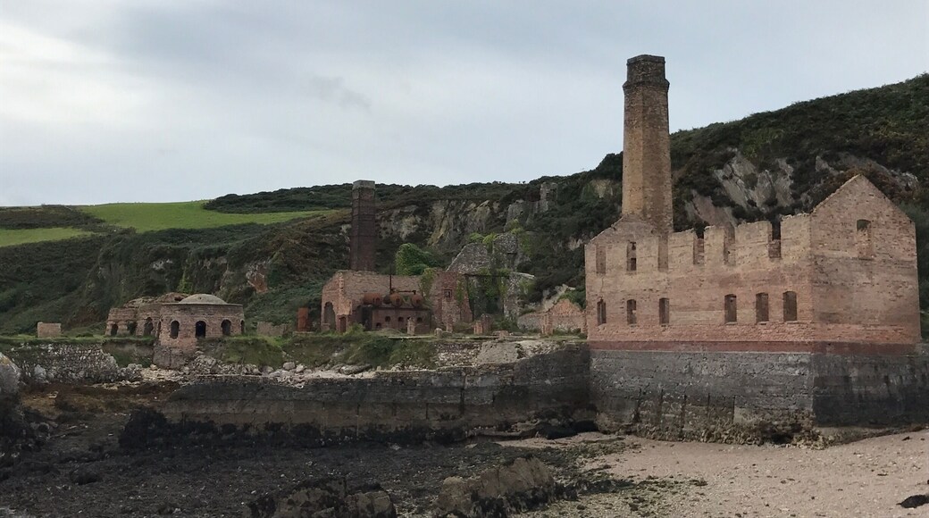 A historical site with ruins, including a tall chimney and several brick buildings.