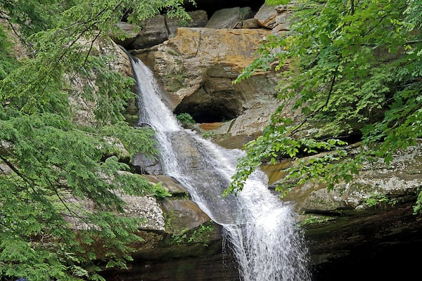 A waterfall cascading over rocks surrounded by lush green foliage.