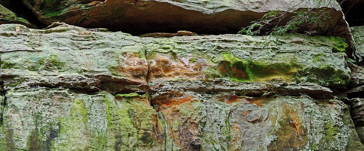 A close-up of a weathered rock surface with green moss and lichen growth.
