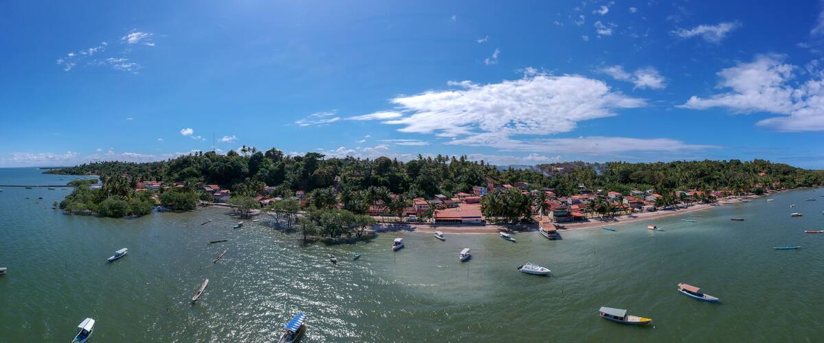 A coastal town with boats on the water, surrounded by greenery and buildings.