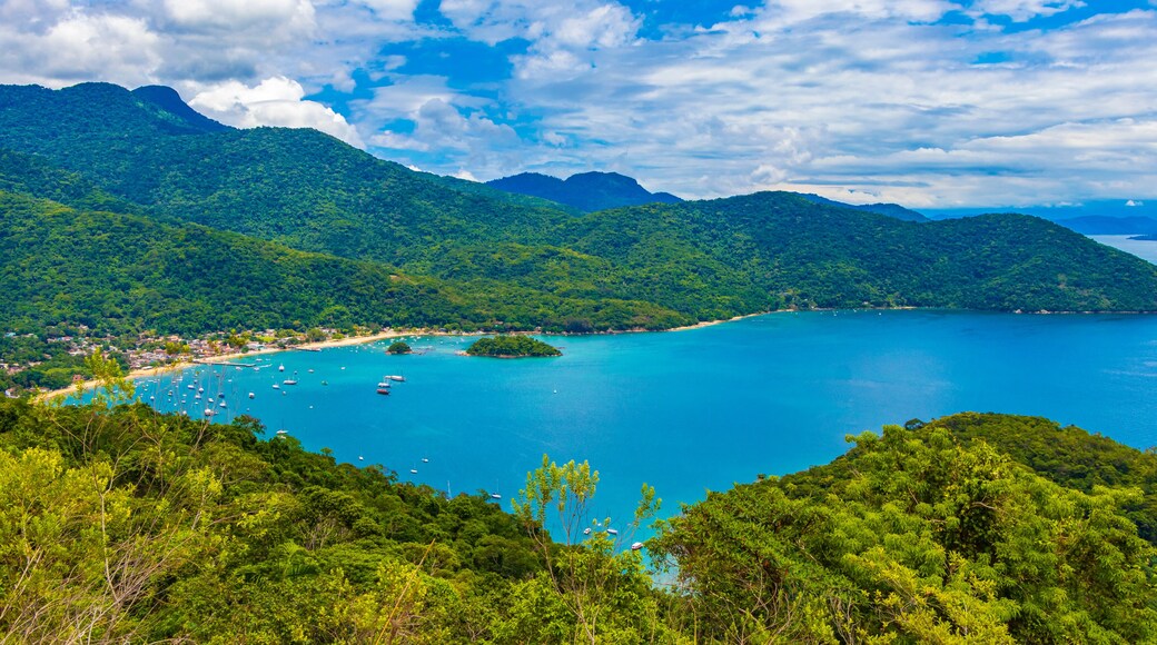 Big tropical island Ilha Grande Abraao beach panorama Brazil.