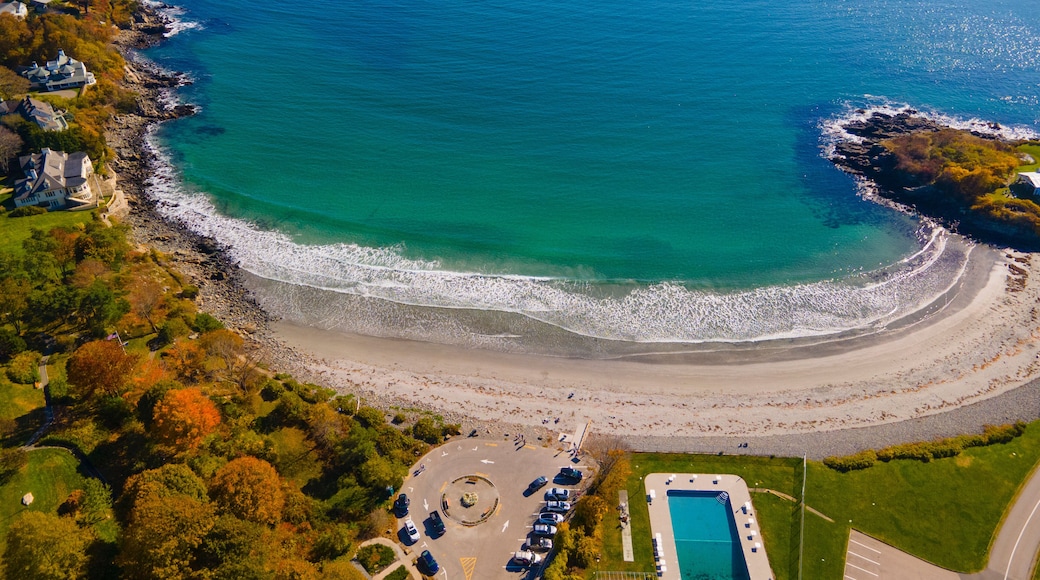 York Harbor Beach aerial view in fall at the York River mouth to York Harbor in town of York, Maine ME, USA.