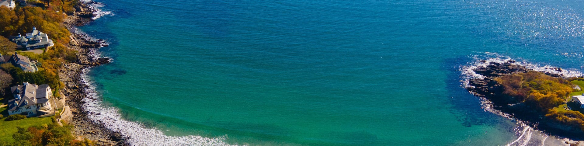 York Harbor Beach aerial view in fall at the York River mouth to York Harbor in town of York, Maine ME, USA.