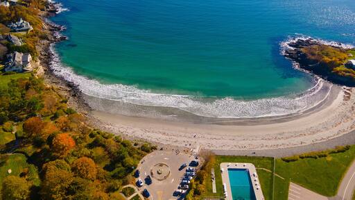 York Harbor Beach aerial view in fall at the York River mouth to York Harbor in town of York, Maine ME, USA.