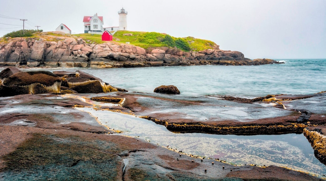 The Cape Neddick Light is a lighthouse in Cape Neddick, York, Maine. It was dedicated by the U.S. Lighthouse Service and put into use in 1879. It is still in use today. Considered to be one of the most photographed lighthouses, this 41-foot conical tower sits on the summit of Cape Neddick Bubble, a small offshore rocky islet, looking proudly over the Atlantic.
Accessibility: Follow Nubble Road east from Route 1A (Long Beach Ave.) in York, near Long Sands Beach, for about 1 mile to Sohier Park. There is free parking at Sohier Park with an excellent view of the lighthouse. The lighthouse and grounds are not open to the public.