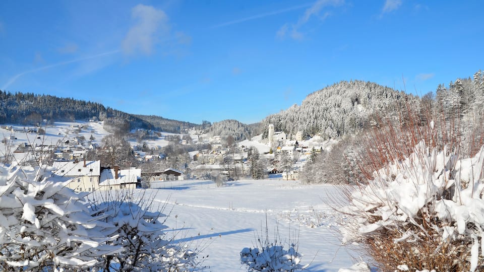 A snowy village with houses and a hill in the background.