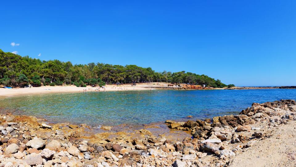 A rocky beach with clear water, a sandy shore, and a forested hill.