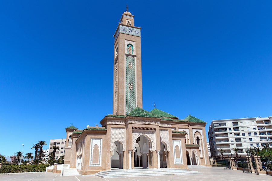 Ali Bin Abdullah Mosque in Mohammedia city on a sunny summer day. Kingdom of Morocco