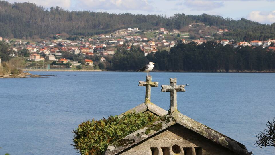 A church with two crosses on its roof, a seagull perched on a pillar, and a lake with a town in the background.