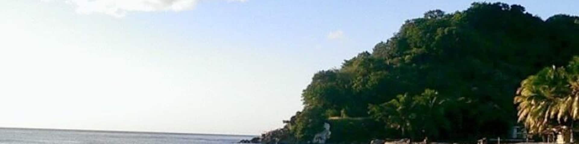 Beautiful black sand beach in Dominica the beach bar sells very fresh fried dolphin fish and bakes. Black sand feels so different from the white one it’s so soft and has bigger granules.