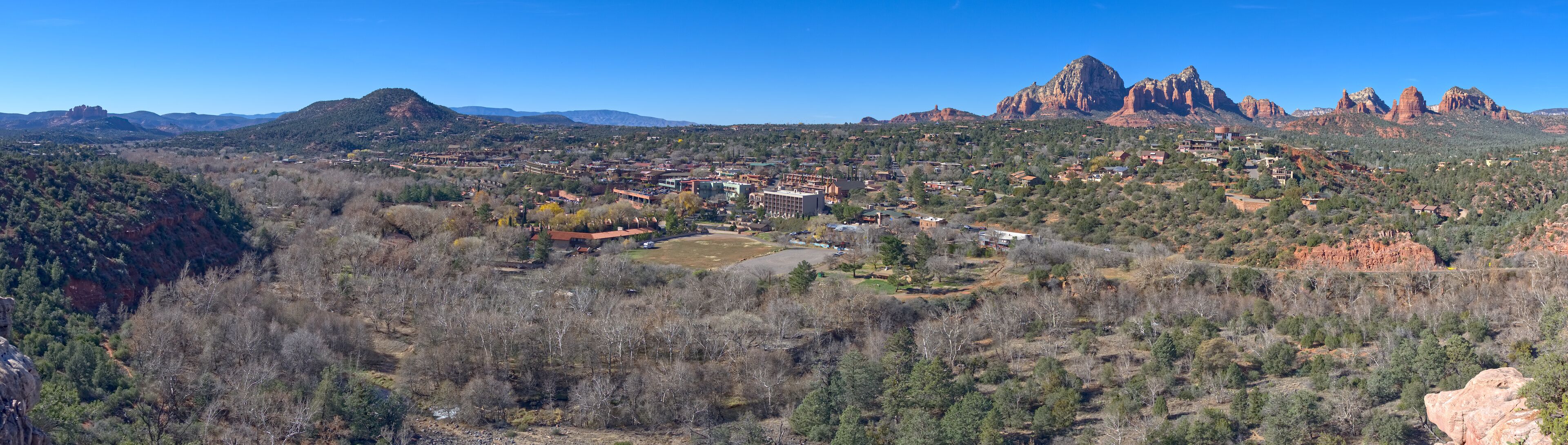 Uptown Sedona Arizona viewed from the Huckaby Trail on the far western edge of Mitten Ridge. Composed of 6 photos stitched together.