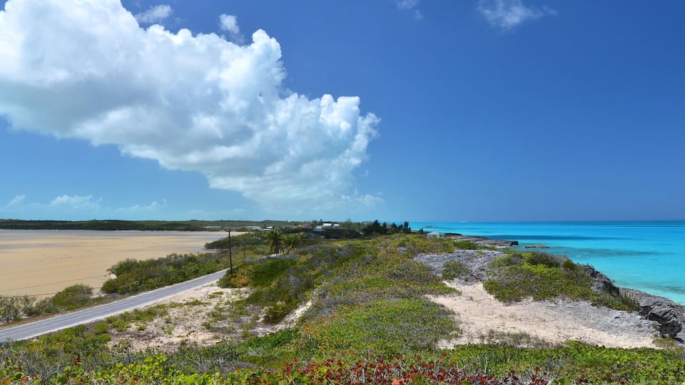 A coastal landscape with a road leading to a beach, a large cloud in the sky, and a clear blue ocean.