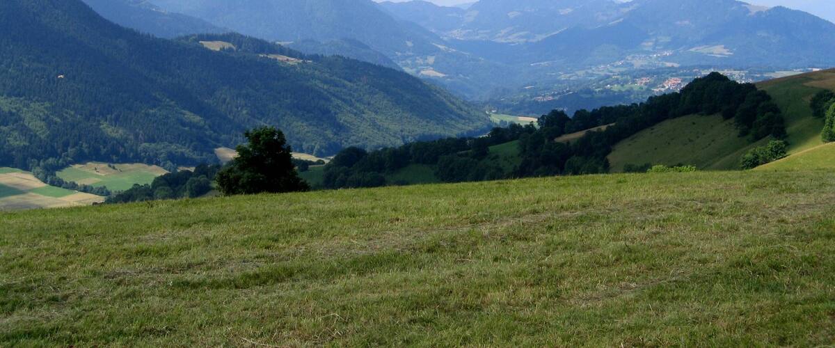 A mountainous landscape with a clear sky and a plane flying in the distance.