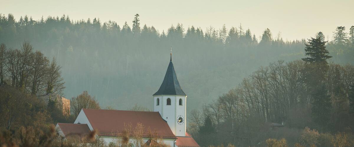 Eine Kirche mit Kirchturm, umgeben von Bäumen und Nebel.