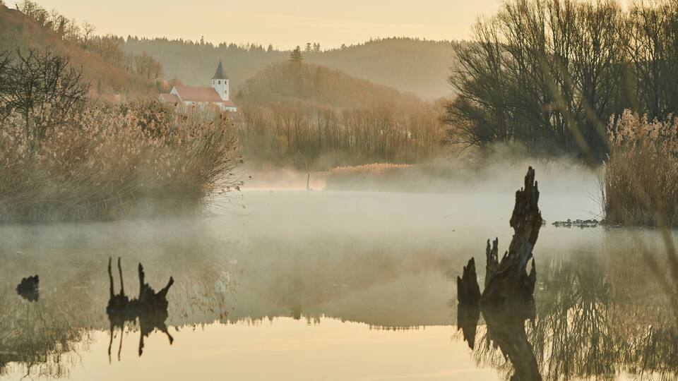 A misty lake with reflections of trees and a church.