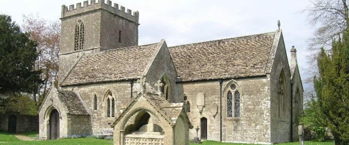 Parish church of St John the Baptist, Hinton Charterhouse, Somerset, seen from the southeast. In the foreground is the chest tomb of Thomas Marlbro, who died in 1853.