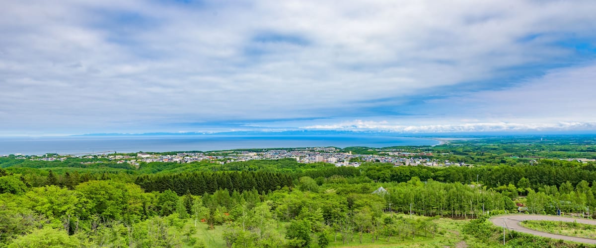 A coastal town surrounded by dense forests, a winding road, and a view of the sea and distant mountains under a partly cloudy sky.