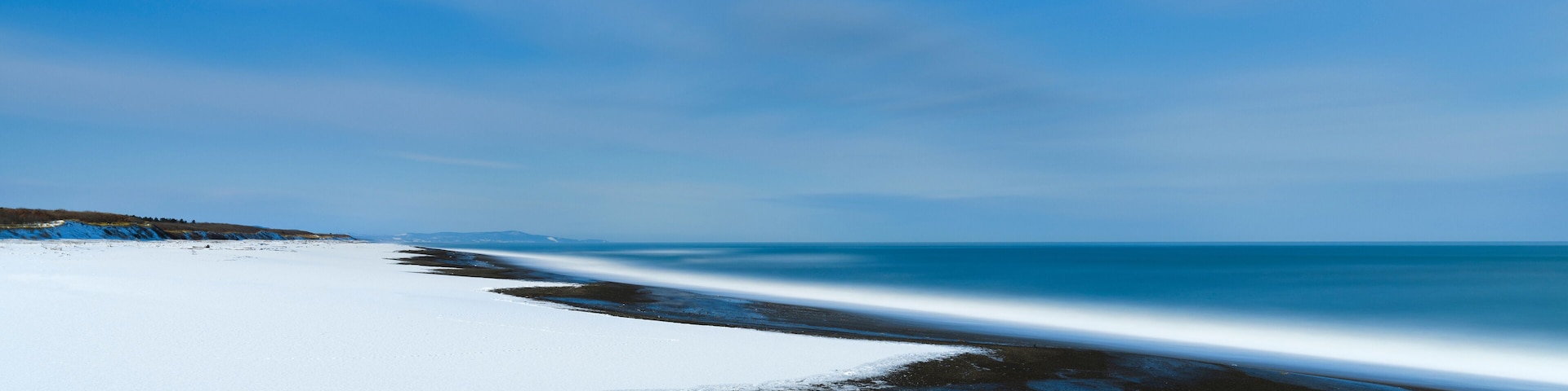 Long exposure view of the sea of Okhotsk from Abashiri National Park beach in winter, Hokkaido, Japan