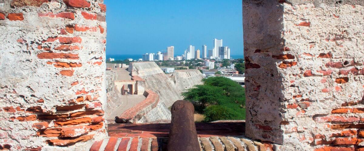 The view of the "new city" skyscrapers of Cartagena from the old fortress.