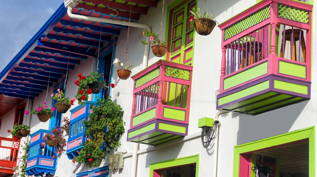 Un edificio colorato con balconi vivaci e cesti di fiori pensili.