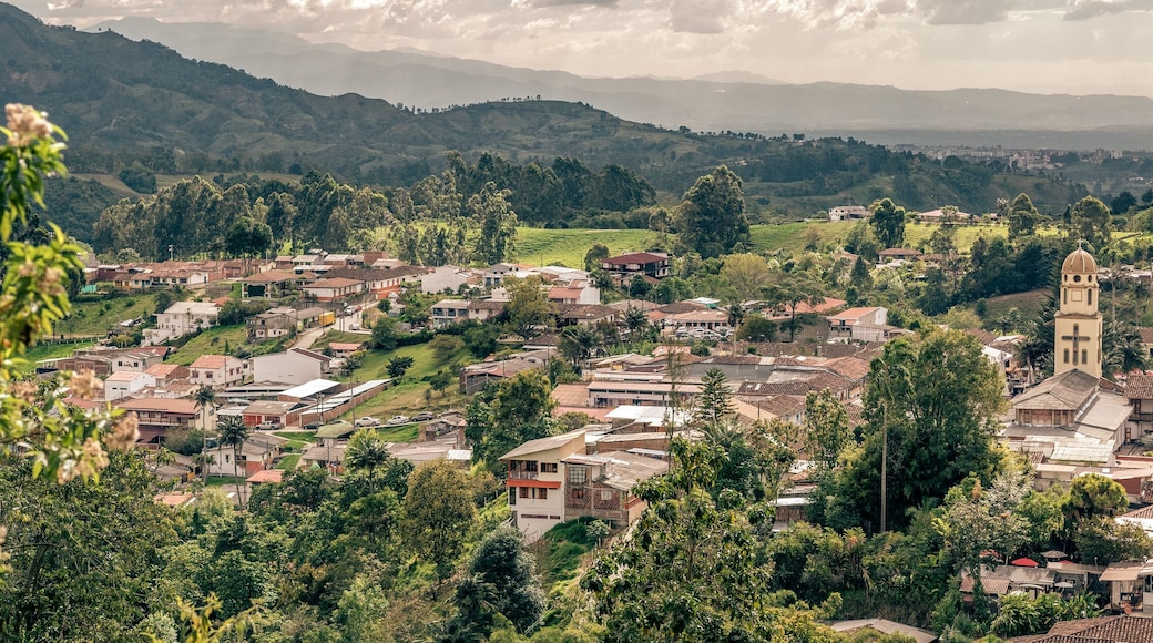 Aerial view of the town of Salento, Quindío, Colombia. Coffee production area.