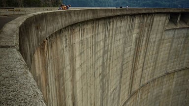Una presa de hormigón con estructura curva, con vistas a un paisaje montañoso.