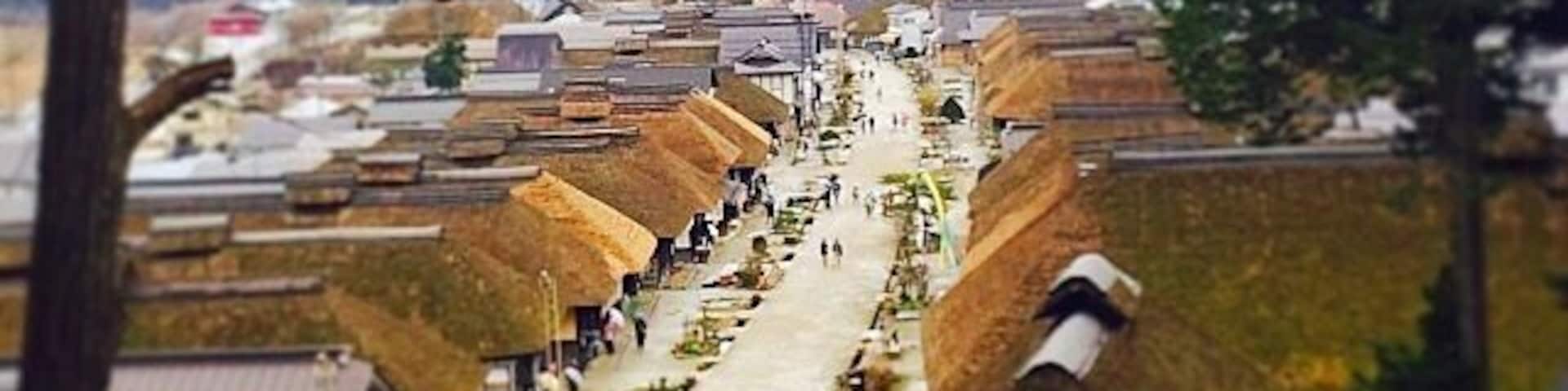 A village with thatched-roof houses and a long street lined with people.