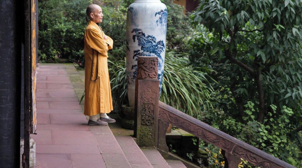The Wannian (Ten Thousand Years) temple on Emei Shan (Beautiful Mei Mountain) is a place of serene atmosphere. The quiet is impressive, the architecture is very nice and the atmosphere is imposing.
As you enter the compound the first thing you see is a walled pond with fish, turtles, stones and money. Believers throw in paper money and coins, and monks take it out with a net. Inside the main pavilion is a statue of a golden Buddha on a white marble elephant. In front of this statue people bow, kneel and pray. In the back believers gently stoke the elephant's legs for reasons I didn't manage to figure out.