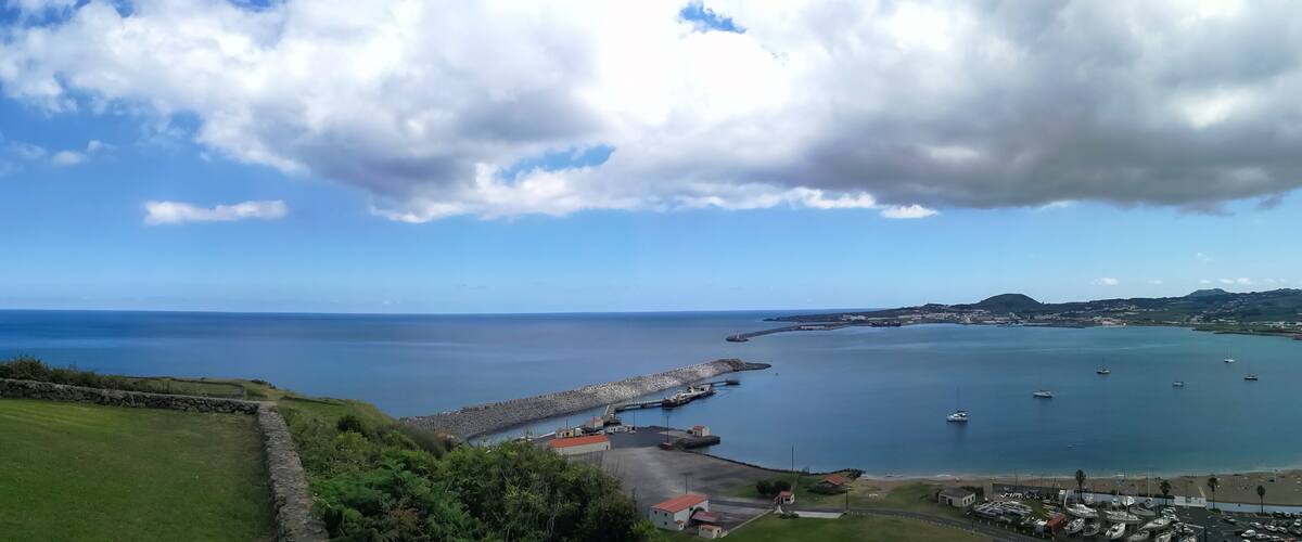 A coastal landscape with a stone wall, grassy area, and a harbor with boats.
