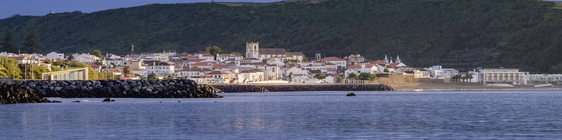 Un pueblo costero con edificios a lo largo de la orilla, un rompeolas rocoso y una colina al fondo.