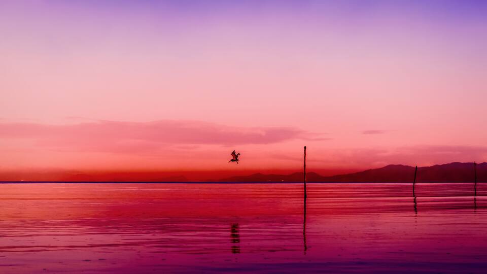 A sunset over a calm body of water with a silhouette of a person standing on a pier.