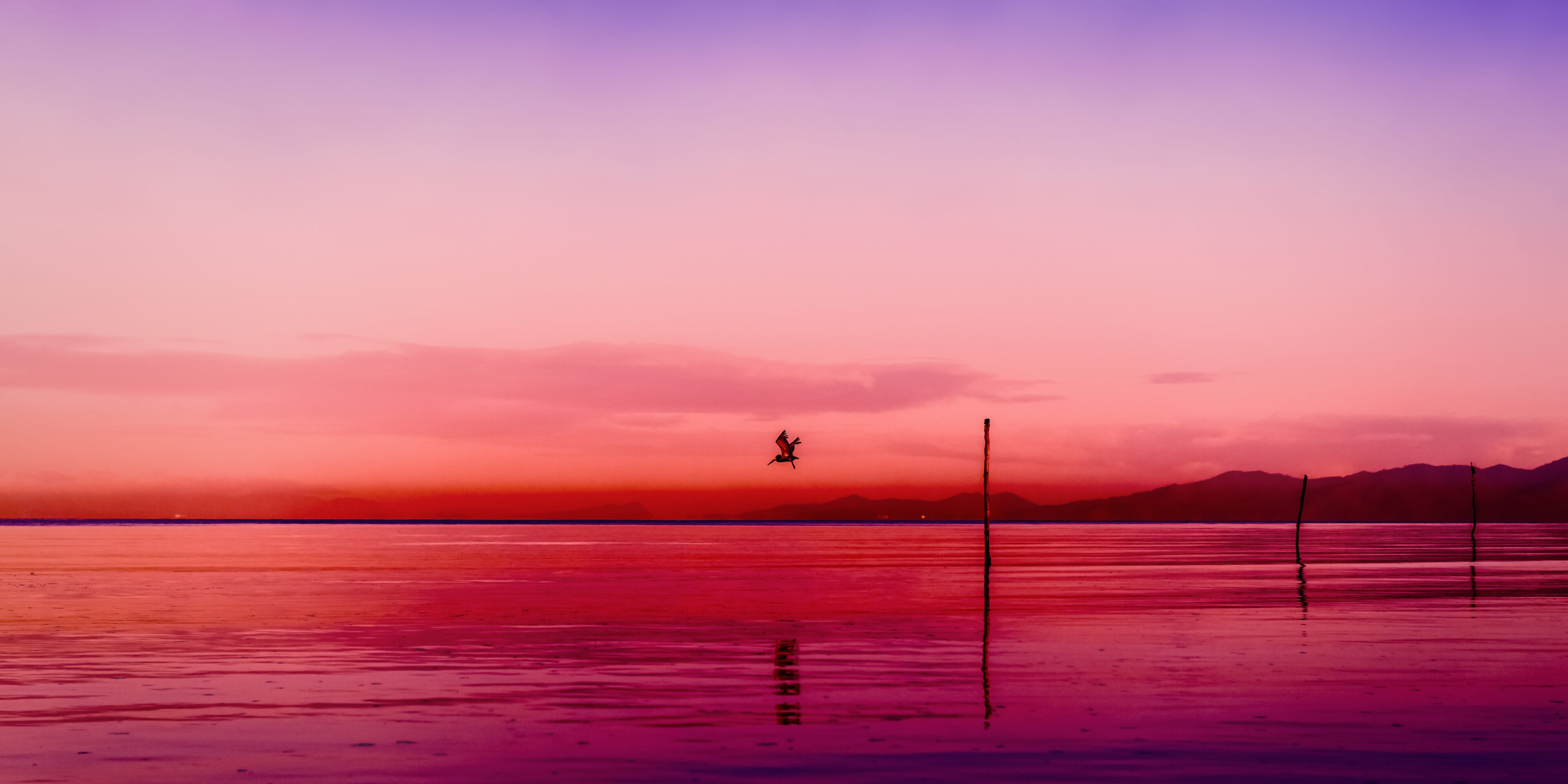 A sunset over a calm body of water with a silhouette of a person standing on a pier.