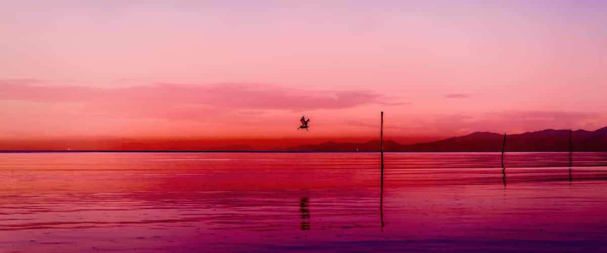 A sunset over a calm body of water with a silhouette of a person standing on a pier.