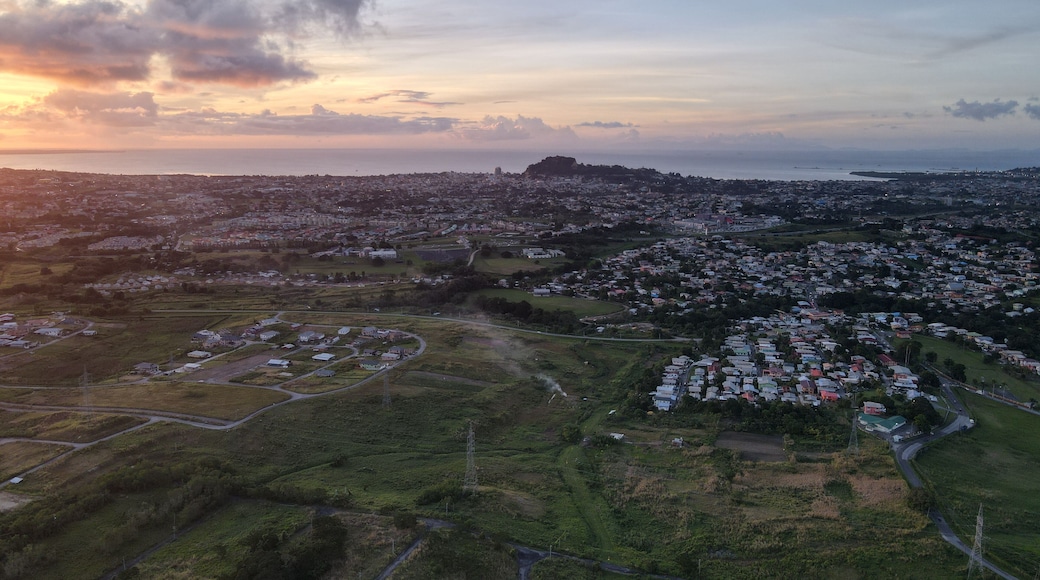 Aerial view of the cityscape of San Fernando against the dusk sky at sunset in Trinidad and Tobago