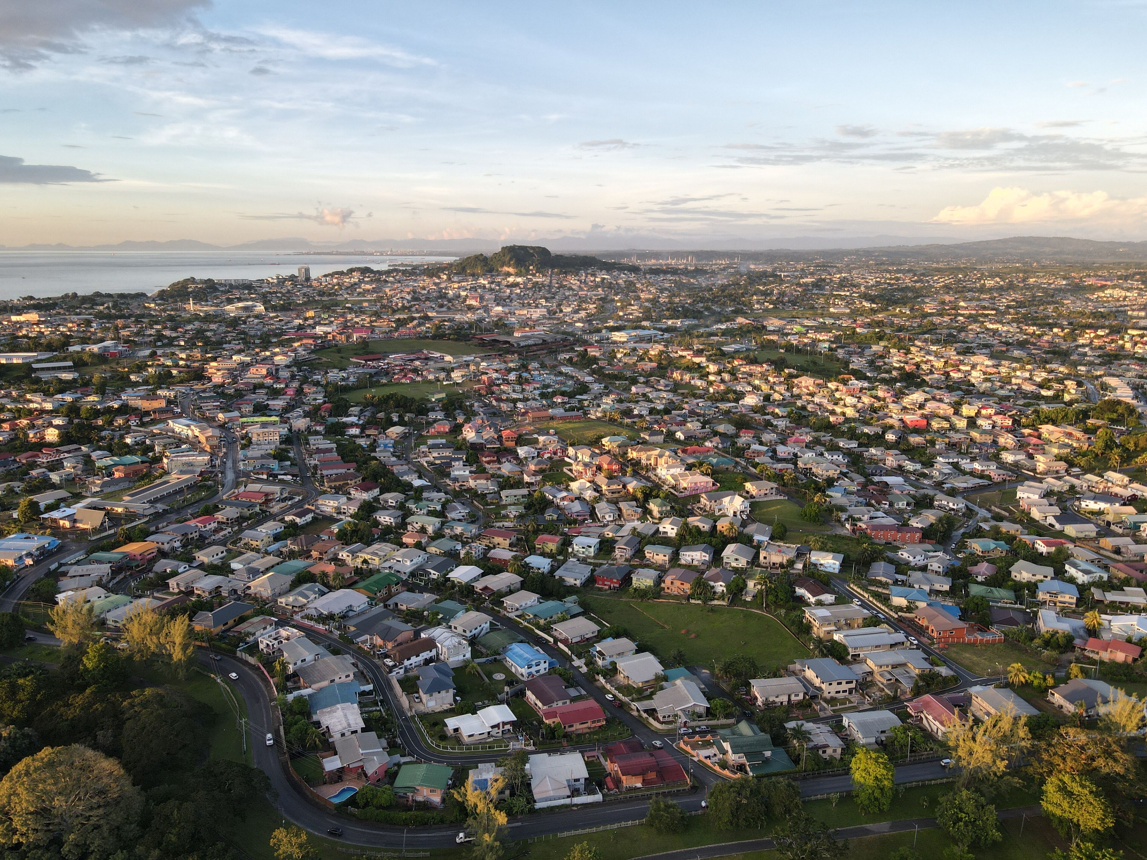 Aerial view of San Fernando city against the dusk sky at sunset in Trinidad and Tobago